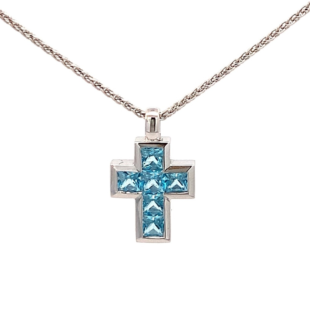 18k Blue Topaz Cross Necklace